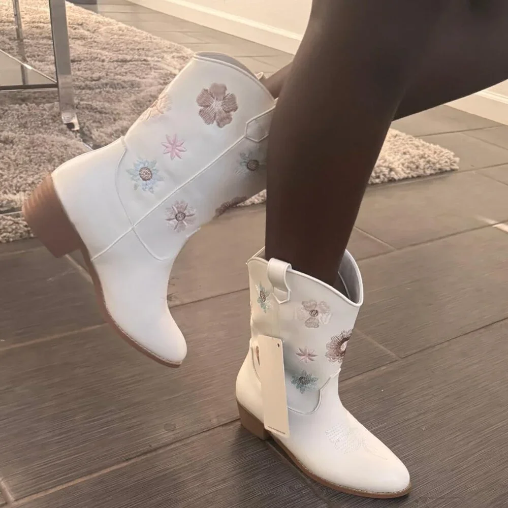 🆕Girls White Polyurethane Cowboy Floral Embroidered Western Cowgirl Boots